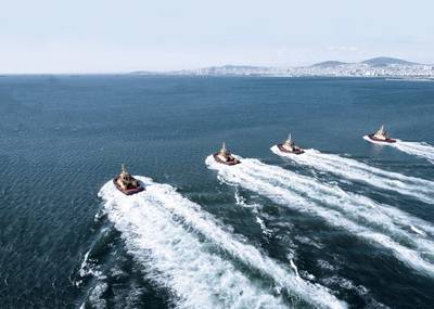Four tugs of the Tanger Med2 90-tonne BP series of fire-fighting ASD tugs for Svitzer (Svitzer Tanger, Svitzer Tetouan, Svitzer Chefchaouen, Svitzer Al Hoceima) with SCHOTTEL Rudderpropellers (Photo: Sanmar Shipyards)