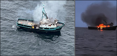 The Tarka II as seen on the U.S. Coast Guard overflight (left) and the Tarka II as seen by the captain upon returning to the vessel (right), both on the night of the fire. (Sources: U.S. Coast Guard and Tarka II captain)