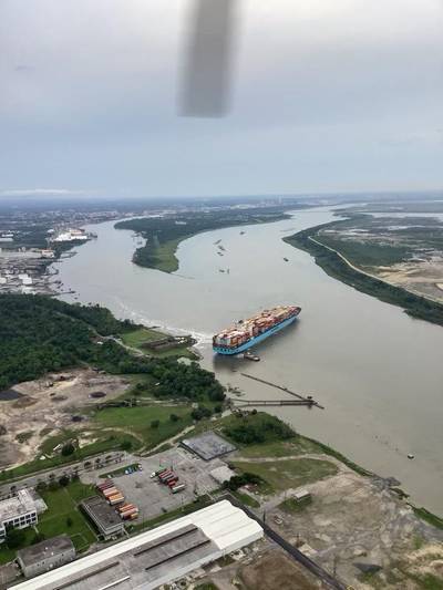 The 1,091-foot Maersk Surabaya ran aground in the Savannah River, June 14, 2022. The ship was refloated with no reported injuries or pollution. (Photo: David Micallef / U.S. Coast Guard)
