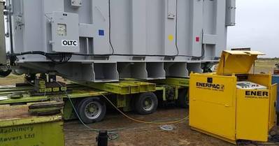 The 109.4 ton transformer weighed before its trip to India has its tonnage exactly verified by the Enerpac EVO hydraulic synchronous lifting system