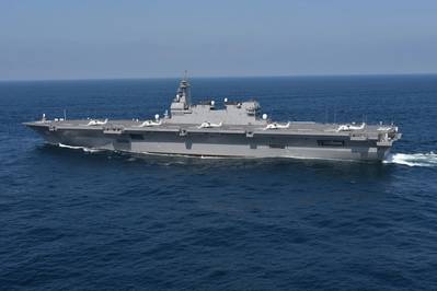 The 248-metre (814-feet) Izumo, Japan’s largest warship equipped with a flat flight deck, was designed with an eye to hosting F-35B fighters. (Photo: JMSDF)