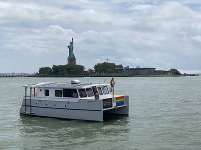 The 35-foot Solar Hybrid Electric Wheelchair Accessible Catamaran built by the author for his wife who became wheelchair bound a few years ago. Photo courtesy Rik van Hemmen