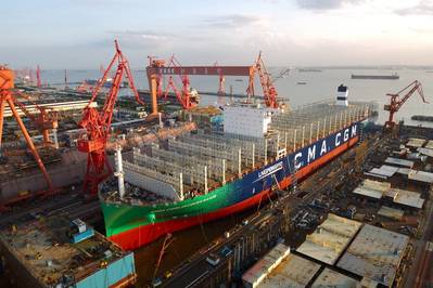 The 400-meter-long, 23,000-TEU CMA CGM Jacques Saadé has been launched at Shanghai Jiangnan-Changxing Shipyard. It will be the world's largest containership to run on LNG fuel. (Photo: CMA CGM)
