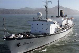The 500-ft Cal Maritime Training Ship Golden Bear. The Navigation Lab installation is located on the top deck midships, forward of the aft mast and funnel. Photo courtesy The California Maritime Academy