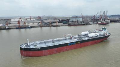 The 57,000 dwt Greenway, an LNG dual fuel Suezmax tanker built by GSI shipyard in China for Singapore headquartered shipowner Eastern Pacific Shipping Pte. Ltd. (Photo: Guangzhou Shipyard International)