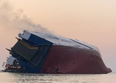 The 656-foot vehicle carrier MV Golden Ray overturned and caught fire in St. Simons Sound on September 8. (Photo: U.S. Coast Guard)