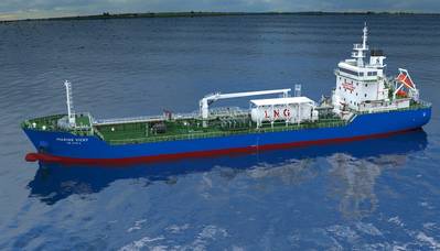 The 7,990 dwt newbuilding, soon to be christened Marine Vicky, will be the first bunker tanker for Singapore and Sinanju, to be powered mainly by LNG. (Image: Sinanju Tankers Holdings)
