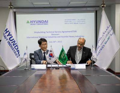 The agreement between the shipbuilders was signed by Dr. Abdullah Al Ahmari, CEO of IMI, and Mr. Ohmin Ahn, Executive Vice President at HHI, at the King Salman International Complex for Maritime Industries and Services in Ras Al-Khair, Saudi Arabia. Photo courtesy IMI/HHI