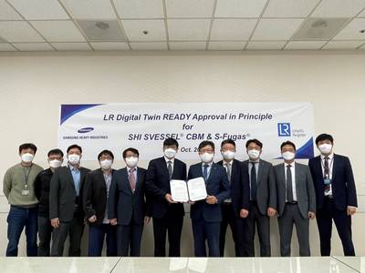 The AiP was awarded in the presence of Hyun-Jo Kim, Managing Director, SHI (center left) and Young-Doo Kim, North East Asia TSO Manager, LR (center right). (Photo: Lloyd's Register)