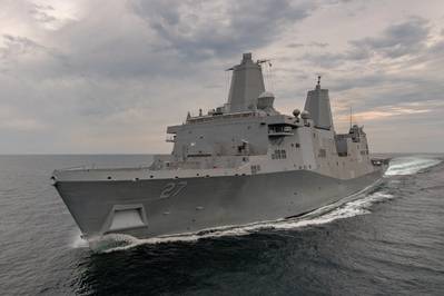 The amphibious transport dock Portland (LPD 27) has completed her first set of sea trials. The test and trials team at Ingalls Shipbuilding spent four days in the Gulf of Mexico operating the 11th San Antonio-class ship and demonstrating its systems. (Photo: Lance Davis/HII)