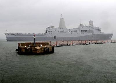 The amphibious transport dock ship USS San Antonio (LPD 17) heads to sea as part of the Iwo Jima Expeditionary Strike Group (IWO ESG) supporting maritime security operations and theater security cooperation efforts in the U.S. 5th and 6th Fleet areas of responsibility. (U.S. Navy photo by Mass Communication Specialist Seaman Tyler J. Wilson/Released)