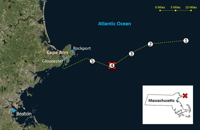 The approximate locations of the critical events associated with the Dec. 2015, sinking of the fishing vessel Orin C., including (1) where the Orin C was taken in tow by the Foxy Lady; (2) where a large wave damaged the Orin C and parted the tow line; (3) where the Orin C was when the Coast Guard motor lifeboat arrived on scene; (4) where the Orin C sank and where its crew was rescued; and (5) where the Coast Guard attempted to deploy a rescue swimmer from a helicopter. (NTSB graphic over Nation