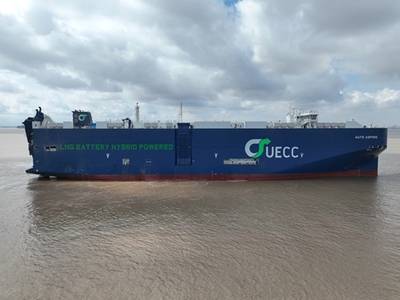 The Auto Aspire is the last in a series of three newbuild multi-fuel LNG battery hybrid PCTCs delivered from China’s Jiangnan Shipyard. (Photo: UECC)