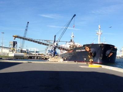 The Bahamas Spirit discharges limestone at South Cargo Pier 4 at Port Canaveral. (Photo courtesy of the Port of Canaveral)