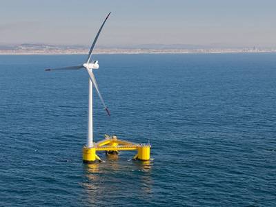 The California sale is viewed as a test of industry appetite for investing in floating offshore wind technology, which to date has been limited to small pilot projects in places including Norway and Portugal. Photo: A floating wind turbine - For Illustration -  By Untrakdrover - Own work, CC BY-SA 3.0, Wikimedia Commons