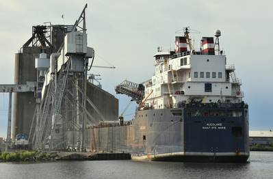 The Canada-flag Algolake loading wheat at the CHS elevator in the Port of Duluth-Superior. (Photo: Terry White / Chamber of Marine Commerce)