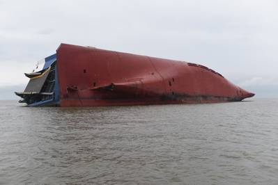 The car carrier Golden Ray sits capsized in St. Simons Sound, Ga. (U.S. Coast Guard photo by Brian McCrum)