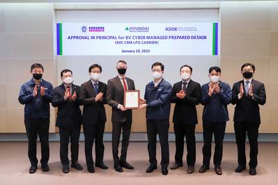 The certificate was delivered to Won Ho Joo, Senior Executive Vice President and Chief Technical Officer of HHI, by Christophe Capitant, Country Chief Executive of BV Korea, at a ceremony held at HHI’s Shipbuilding Management’s offices in Ulsan, Republic of Korea. (Photo: BV)