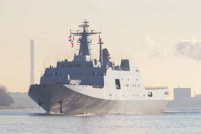 The Chinese Navy amphibious transport ship Changbai Shan (989) leaving the Port of Rotterdam after the first visit ever of the Chinese Navy to The Netherlands.
Copyright VanderWolf Images/AdobeStock