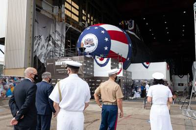 The christening ceremony of submarine Montana took place at Newport News Shipbuilding division’s Modular Outfitting Facility in front of a virtual audience on Sept. 12, 2020. Photo by Ariel Florendo /HII