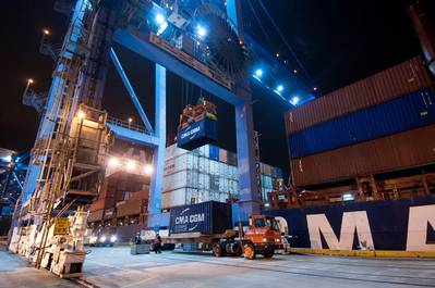 The CMA CGM Auckland works cargo at the Port of New Orleans Napoleon Avenue Container Terminal recently. (Photo: Port of New Orleans)