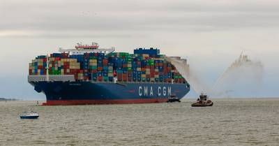 The CMA CGM Brazil, a 15,000 TEU container vessel spanning 1,200 feet in length, sailed into Charleston's harbor Sept. 20. The ship - the largest to ever visit the East Coast, and Charleston harbor - was able to enter Charleston's harbor due to its maintained and deepened channels. (Photo: Dennis Franklin)