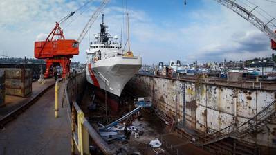 The Coast Guard Alex Haley sits dry docked for repairs and maintenance in Seattle, Washington, Dec. 13, 2022. While in dry dock, the crew and contractors successfully completed more than $6 million worth of repairs. (Photo: U.S. Coast Guard)