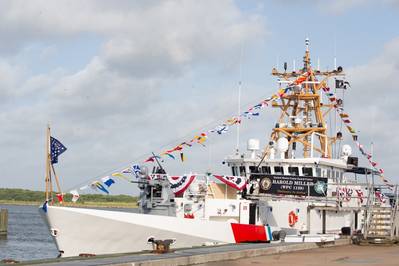 The Coast Guard Cutter Harold Miller sits moored during the commissioning ceremony at Sector Field Office Galveston, Texas, July 15, 2020. The crew of the Harold Miller will have a patrol area encompassing 900 miles of coastline for the Coast Guard’s Eighth District, from Carrabelle, Fla., to Brownsville, Texas. (USCG photo by Paige Hause)