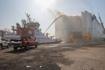The Coast Guard, Port Authority of New York and New Jersey, Newark Fire Department, and multiple state and area agencies respond to a fire in Port Newark on the vehicle carrier ship, Grande Costa D’Avorio. Fire fighting crews are working to extinguish the fire both from the pier and from FDNY fireboats. (U.S. Coast Guard photo by Dan Henry)
