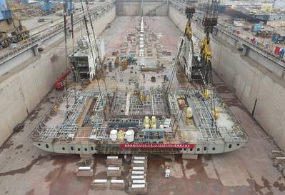  The construction of the Finneco II is progressing and the first keel-block of the new vessel was laid into the shipyard’s dry dock. (Photo: Finnlines)
