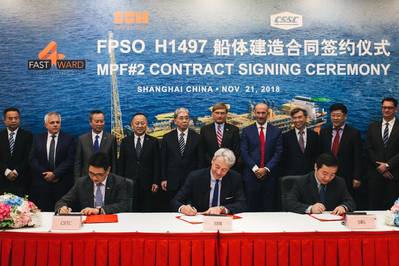 The contract signing ceremony took place at SWS shipyard on November 21, 2018, with representatives from SBM Offshore, including Bruno Chabas (CEO), Bernard van Leggelo (China Managing Director) and Srdjan Cenic (General Manager China), as well as Lei Fanpei, Chairman of board of CSSC and Wang Qi, Chairman of board of SWS. (Photo: SBM Offshore)
