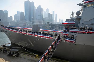 The crew of the Navy’s newest Arleigh Burke-class guided-missile destroyer USS John Basilone (DDG 122) brings the ship to life during the ship's commissioning ceremony in New York City Nov. 9, 2024. (DoD photo by EJ Hersom)