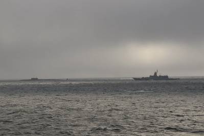 The crew of U.S. Coast Guard Cutter Stratton (WMSL 752) encountered and shadowed four Russian Federation Navy (RFN) vessels 57 miles northwest of Point Hope, Alaska, Sept. 15, 2024. The Russian Surface Action Group consisted of a Severodvinsk-class submarine, a Dolgorukiy-class submarine, a Steregushchiy– class Frigate, and a Seliva-class tug. (Photo: U.S. Coast Guard)

