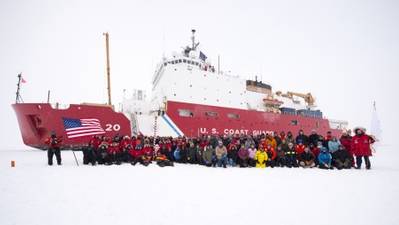 The crew of U.S. Coast Guard Cutter Healy and the Geotraces science team have their portrait taken at the North Pole Sept. 7, 2015. (U.S. Coast Guard photo by Cory J. Mendenhall)