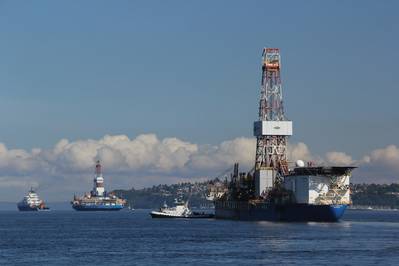 The drill rig Kulluk and the drill ship Noble Discover leaving Vigor’s Seattle shipyard on their way for Shell’s exploratory operations in the Chukchi and Beaufort Seas in the Alaska Arctic. (Photo courtesy Vigor Industrial)