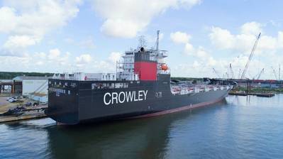 The El Coqui, a U.S. flag ConRo carrier, recently built specifically for the Jones Act Caribbean trades and powered by environmentally friendly LNG. CREDIT: Crowley Maritime