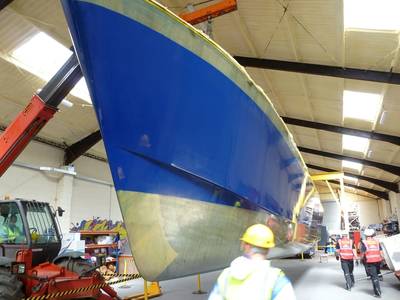 The first of the hulls of the PLA’s new survey vessel is removed from the mould at CTruk’s Essex yard (Photo: CTruk)