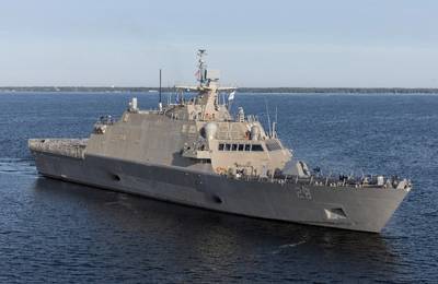 The future USS Beloit transits Lake Michigan during Acceptance Trials, August 21, 2024. (Photo: Lockheed Martin)