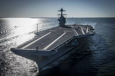 The future USS Gerald R. Ford (CVN 78) underway during sea trials April 8, 2018 (U.S. Navy photo by Ridge Leoni)