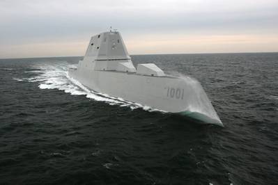 The future USS Michael Monsoor (DDG 1001) underwent a series of demonstrations both pier side and underway as part of an evaluation of the ship's construction and compliance with Navy specifications. (U.S. Navy photo courtesy of Bath Iron Works)