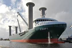 The futuristic “E-Ship I”, driven by four Flettner-Rotors for emission reduction reasons, build by Lindenau Shipyard, Kiel and Cassens Shipyard, Emden.