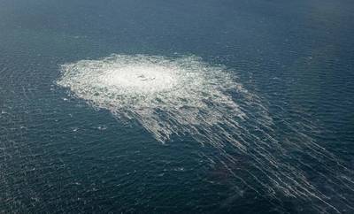 The gas leak at Nord Stream 2 last week seen from the Danish F-16 interceptor on Bornholm. Photo: Danish Defence