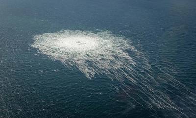 The gas leak at Nord Stream 2 in September seen from the Danish F-16 interceptor on Bornholm. Photo: Danish Defence

