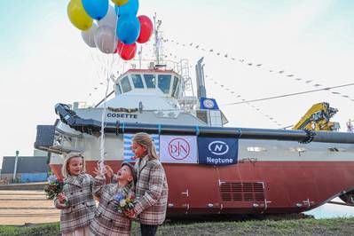 The godmother of the vessel is the four-year-old Cosette Goethals, daughter of Julie De Nul and granddaughter of ir. J.P.J. De Nul. (Photo: Jan De Nul)