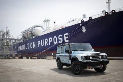 The Grenadier vehicle was dockside as the second of the world’s largest ethane carriers docked in Houston ahead of the naming ceremony. (Photo: INEOS)