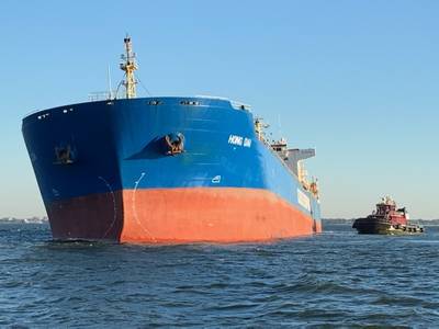 The Hong Dai sits aground a quarter mile Northwest of Sewell's Point near Norfolk, Va., October 1, 2020. (Photo: U.S. Coast Guard)