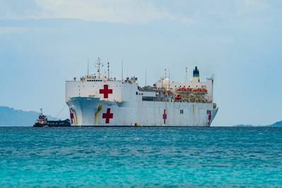 The hospital ship USNS Mercy (T-AH 19) anchored off Chuuk, Federated States of Micronesia on January 18, 2024. (Photo: Jacob Woitzel / U.S. Navy)