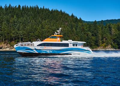 The Lady Swift, an aluminum catamaran coupled to a composite superstructure and a dynamic carbon fiber hydrofoil, was delivered to Bremerton on Friday, July 26, 2019. PHOTO: AAM