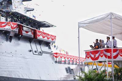 The launching of the fourth Littoral Mission Vessel - Justice, built by ST Marine for the Republic of Singapore Navy (Photo: ST Marine)
