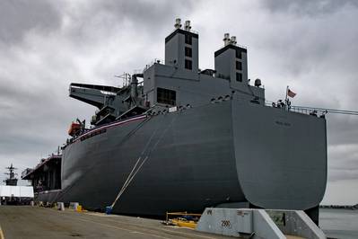 The Lewis B. Puller-class expeditionary mobile base USS Miguel Keith (ESB 5) sits pierside during the ship’s commissioning ceremony. (Photo: Kevin C. Leitner / U.S. Navy)